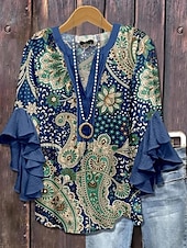 voordelige Vrouwen vakantie tops-Dames Blouse V-Hals Bloemen Grafisch Geometrisch Bohemia Vintage Dagelijks 3/4 Mouw Flatter Sleeve Reguliere Tops Dagelijks Vakantie Kleding Ruffle Print Wijnrood Blauw Groen Zomer Lente Herfst
