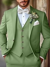 abordables Trajes de boda-Trajes de boda para hombre, color salvia, moda de verano, formales, de color liso, corte estándar, 3 piezas, botonadura sencilla, dos botones