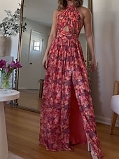 economico Abiti casual floreali-Per donna Abito Lungo Maxi Abito Vestito Casual Abito Floreale Moda Abito elegante All&#039;aperto Feste Ferie Vestibilità regolare Fiore Senza Maniche All&#039;americana Rosso Estate