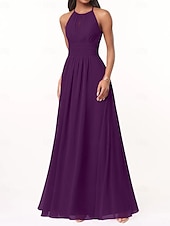 cheap Bridesmaid Dresses-A-Line Bridesmaid Dress Halter Neck Sleeveless Elegant Floor Length Chiffon with Pleats / Ruching