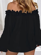 billiga Viktiga Falska Skjortor-Dam Skjorta Blus Konstbomullslinne Volang Öppen rygg Slät Modern Ledigt Långärmad Över axeln Vanliga toppar Dagligen Helgdag Utekväll Blå Svart Vit Rodnande Rosa Sommar