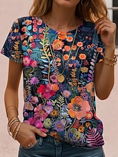Χαμηλού Κόστους Floral μπλουζάκι-Γυναικεία Μπλουζάκι Στάμπα Φλοράλ Γραφική Φυτά Βίντατζ Στυλάτο Κλασσικό Κοντομάνικο Στρογγυλή Ψηλή Λαιμόκοψη Στρογγυλή Λαιμόκοψη Κανονικά μπλουζάκια Καθημερινά