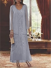 abordables Avec veste-Robe Mère de la Mariée Coupe Deux Pièces à la Plage Invité de Mariage Élégant Étincelle  Brillance Encolure en V Longueur Cheville Chiffon Sequins Manches Longues avec Sequins 2025 taille