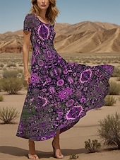 tanie Sukienki boho-Damskie Sukienka maxi Codzienne sukienki Sukienka A line Letnie sukienki Urlop Zabytkowe Etniczne Regularny Graficzny Geometryczny Boho Paisley Damask Krótki rękaw Kwadratowy dekolt Żółty Niebieski