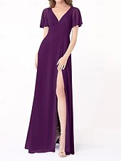 economico Abiti da damigella-Abito A-Line Damigella d&#039;Onore V Collo Manica Corta Elegante Lunghezza del Pavimento Chiffon con Fessura Frontale/Ruching