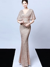 cheap CHAMPAGNE-A-Line Quinceanera Dresses Elegant Dress Formal Wedding Floor Length Short Sleeve V Neck Sequined with Tassel