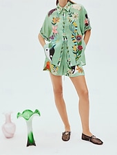 abordables Ensembles-Femmes Mode Streetwear Chemises en coton et lin Ensembles en coton et lin Ensembles de Shorts Manche Courte Col de chemise Fleuri Imprimé Tenue quotidienne Date Vert Été Coupe régulière