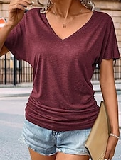 Dámské Halenka Pevná barva Denní Základní Na běžné nošení Krátký rukáv Do V Běžné topy Denní Nabírané šaty Černá Bílá Fialová Vodní modrá Fialová Léto levne jednoduché tričko-Dámské Halenka Pevná barva Denní Základní Na běžné nošení Krátký rukáv Do V Běžné topy Denní Nabírané šaty Černá Bílá Fialová Vodní modrá Fialová Léto