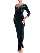 preiswerte ROT-Sammet Meerjungfrau  Trompete Abendkleid Elegantes Kleid Formelle Hochzeit Bodenlang 3/4 Länge Ärmel Off-Shoulder Porträtkragen mit gerafften