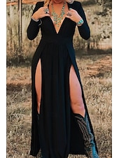 preiswerte Einfaches Kleid-Damen Maxikleid A Linie Kleid Lässig Outdoor Ausgehen Normale Passform Einfarbig Langarm V Ausschnitt Schwarz Sommer
