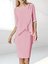 preiswerte Teelänge-Strandhochzeit Etuikleid Mutter der Braut Kleid Hochzeitsgast Eleganter Juwelenausschnitt Teelänge Chiffon halblangärmelig mit Perlen-Raffung