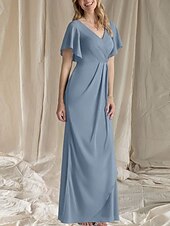 abordables Longueur du plancher-Ligne A Robe de Mère de Mariée  robe demoiselle d honneur Élégant Doux Col en V Longueur au sol Chiffon Manche Courte avec Fronces Drapé latéral 2025