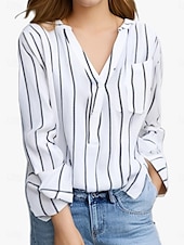 voordelige Dames Strepen &amp; Geometrische Tops-Dames Overhemd Gestreept Stijlvol Casual Lange mouw V-hals Normale tops Dagelijks Afdrukken Wit blauw Grijs Licht Blauw Zomer Lente