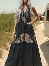 abordables Robes Bohémiennes-Femmes Robe Longue Maxi Robe Robe Décontractée Robe évasée Robe d&#039;été Robe bohème ancien Vacances Quotidien Fête Coupe régulière Fleuri Sans manches Col en V Vert foncé Été