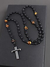 Недорогие Мужские украшения-мужское ожерелье с крестом из черного лавового камня и тигрового глаза – духовное ожерелье из нержавеющей стали с бусинами регулируемой длины, идеальный подарок на день отца для повседневной и религиозной носки