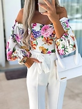 preiswerte Damen Grafik Tops-Damen Boho-Hemd Bluse Blume Modern Boho Langarm Schulterfrei Normale Oberteile Täglich Ausgehen Druck Erröten Sie Rosa Rosa Wein Rote Purpur Sommer