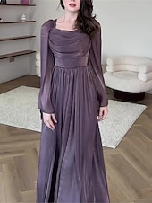 billige BLÅ-Blå A-Line Kjoler Elegant Kjole Formell Semi Formell Bryllup Gulvlengde Lang Utsvingt Erme Firkantet Utringning Glanset Organza med Folder