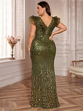 baratos Champanhe-Vestidos Sereia  Trompete Plus Size Vestido Elegante Curvas Formal Casamento Comprimento do Chão Sem Mangas Decote em V Com Lantejoulas com Lantejoulas