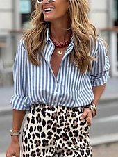 economico Top a Righe e Geometrici per Donne-Camicia da donna grafica a righe stilosa moderna casual maniche lunghe colletto tops regolari quotidiano ferie uscita patchwork bottoni stampa simile al lino blu estate primavera