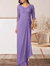 preiswerte Bodenlänge-Säule  Kolonne Mutter der Braut Kleid Hochzeitsgast Elegantes Hoher Schlitz V-Ausschnitt Bodenlanges Chiffon 3/4 Länge Ärmel mit Rüschenapplikationen Raffung