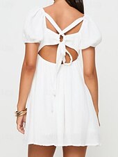 economico Abiti casual bianchi-Per donna Mini Abito Abito Bianco Vestito Casual Moda Moderno Manica a Palloncino All&#039;aperto Vacanza Quotidiano Vestibilità regolare Semplice Manica Corta Collo quadrato Bianco Estate