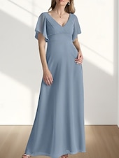 preiswerte Bodenlänge-A-Linie Brautmutterkleid Hochzeitsgast Elegant Süß V Ausschnitt Bodenlang Chiffon Kurzarm mit Raffung 2025