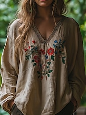 economico T-shirt Boho-Per donna Camicie di cotone e lino Camicia Boho Blusa Fiore Moderno Boho Manica Lunga Scollo a V Top Regolari Quotidiano Ferie Stampato Albicocca Estate