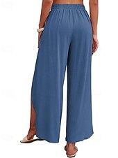 abordables Pantalón liso de lino y algodón-Mujer Pantalones de lino y algodón pantalones Casual Longitud total Cintura Media Plano Cintura elástica Separado Al Aire Libre Cómodo Festivos Ropa Cotidiana Fin de semana Albaricoque PEC Celeste