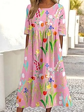 cheap Floral Dress-Women&#039;s Midi Dress A Line Dress Summer Dress Vacation Casual Daily Holiday Loose Fit Floral Graphic Half Sleeve Crew Neck Yellow Pink Blue Summer Spring