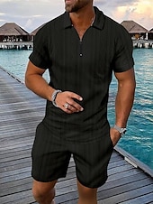 cheap Vacation-Men&#039;s Quarter Zip Polo Golf Shirt Daily Holiday Lapel Short Sleeve Fashion Basic Plain 2 Piece Jacquard Summer Regular Fit Black White Blue Khaki Army Green Gray Quarter Zip Polo