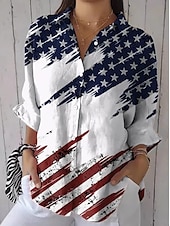 cheap Independence Day Top-Independence Day Women&#039;s Patriotic Fourth of July Shirt Graphic Flag USA Vintage Daily Stylish Long Sleeve Shirt Collar Regular Tops Work Daily Buttons Print White Blue Khaki Summer Spring