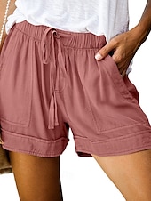 ieftine Bermude-Pentru femei Pantaloni inspirați din in Pantaloni Scurți Pantaloni Modă Șic Stradă Scurt Natural Simplu Buzunar Design Elastic cu Cordon Confortabil Exterior În aer liber Stradă Roșu Claret Azuriu
