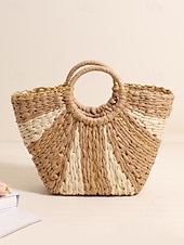 abordables Cabas et fourre-tout-Sac de plage élégant en paille tressée pour femme avec poignées circulaires, grande capacité, design bohème écologique, parfait pour l&#039;été, les vacances et les excursions d&#039;une journée
