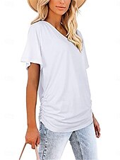 billige Plain t-skjorte-Dame Bluse Helfarge Stilfull Fritid Kortermet V-hals Vanlige topper Daglig Hvit Rosa Lilla Grå Sommer