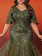 Χαμηλού Κόστους ΠΡΑΣΙΝΟ-Φόρεμα A-Line Plus Size Elegant Dress Επίσημο Γάμου Μήκος Δαπέδου Κοντό Μανίκι V Λαιμό Σατέν με Sequins