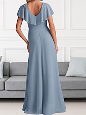 cheap Bridesmaid Dresses-A-Line Bridesmaid Dress V Neck Short Sleeve Elegant Floor Length Chiffon with Sash / Ribbon / Ruffles / Split Front