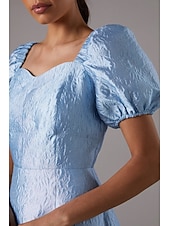 cheap Cocktail Dresses-Sky Blue Jacquard Dress Column Cocktail Dresses Midi Dress Formal Semi Formal Wedding Tea Length Short Sleeve Bubble Sleeve Sweetheart Neckline Wedding Guest Dress