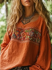 halpa Boho-topit-Naisten länkkäripaita boheemi paitapusero kukkakuvio moderni rento pitkähihainen v-aukkoinen normaali topit päivittäin juhla bile printti musta fuksia oranssi aprikoosi harmaa kesä syksy