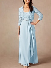 billiga Golvlängd-Tvådelad A-linjeformad Mor till Brud-Klänning Bröllopsgäst Elegant Söt Rundhalsad Golvlängd Chiffon Spets 3/4 Längd Ärmar med Spetspärlor Volanger