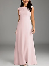 cheap Floor Length-A-Line Mother of the Bride Dress Wedding Guest Elegant Minimalist Crew Neck Floor Length Chiffon Lace Cap Sleeve with Lace Buttons