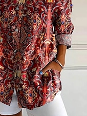 cheap Boho Tops-Women&#039;s Shirt Floral Graphic Paisley Bohemia Vintage Western Long Sleeve Shirt Collar Regular Tops Daily Holiday Vacation Wear Buttons Print Maroon Blue Rose Pink Summer Spring