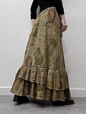 billiga Grafiska kjolar-Dam Kjol Volang kjol Mode Boho Maxi Mellanhög midja Kjolar Blommig Volang Mönster Microelastisk Semester Gata Brun Sommar Polyester