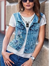 billige Kunst &amp; Design t-skjorte-Dame T skjorte Grafisk Årgang Stilfull Vestlig Kortermet Crew-hals Vanlige topper Daglig Ut på byen Helg Trykt mønster Blå Sommer Vår