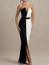 baratos Vestidos de Cocktail-Vestidos de coquetel sereia/trompete preto e branco, elegante, formal, casamento, comprimento até o chão, comprimento longo, sem alças, crepe elástico com laço(s) 2025