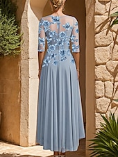 voordelige Vloerlengte-Blauwe A-Lijn Bloem Geborduurde Kant Moeder van de Bruid Jurk Elegant Simpel Luxe Boot Nek Vloerlengte Maxi Lengte Satijn Kant Halve Mouw
