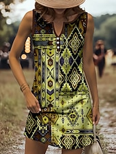 ieftine Rochii boho-Pentru femei Rochie Mini Rochie de Vară Rochie A line Rochie de vară Rochie cu umeri Casual Concediu Plajă Fit regulat Grafic Tribal Fără manșon În V Galben Roșu-aprins Albastru piscină Mov Var