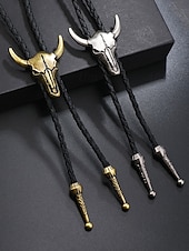 abordables Corbatas y pajaritas para hombres-Collar de bolo con cabeza de toro para hombre: colgante de calavera de vaca occidental con cordón de cuero trenzado, accesorio vintage de estilo vaquero para conciertos de música country, rodeos y uso diario.