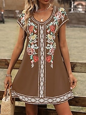ieftine Rochii florale-Pentru femei Rochie Mini Rochii Tricou Rochie de Vară Rochie de vară Vacanță Casual Boho Zilnic Ieșire Fit regulat Floral Grafic Manșon scurt În V Negru Roșu Vin Albastru piscină Maro Vară