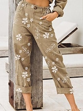 economico Pantaloni in cotone e lino con grafica-Per donna Pantaloni in cotone e lino Moda Streetwear Lunghezza intera Naturale Fiore Tasca Elastico in vita Stampa Comodo All&#039;aperto Confortevole Vacanza Streetwear Nero Rosa Blu Cachi Estate