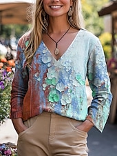 billige Blomstrete topper-Dame Bluse Blomstret Grafisk Planter Stilfull Fritid 3/4 ermer V-hals Vanlige topper Daglig Rosa Blå Grønn Sommer Vår
